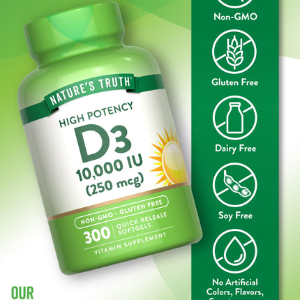 Nature's Truth Vitamin D3 10000 IU Softgels | 300 Count | Extra Strength | Non-GMO & Gluten Free Supplement (Pack of 2)