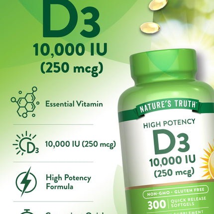 Nature's Truth Vitamin D3 10000 IU Softgels | 300 Count | Extra Strength | Non-GMO & Gluten Free Supplement (Pack of 2)
