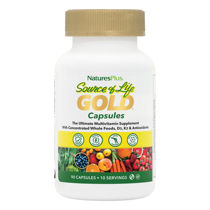 NaturesPlus Source of Life Gold Multivitamin - 90 Veg Capsules | D3, B12, K2 & 120+ Whole Foods