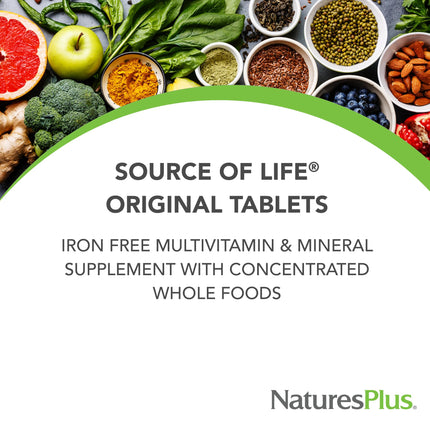 NaturesPlus Source of Life No Iron - 180 Tablets | 60 Servings - Gluten Free, Vegetarian Multivitamin & Mineral