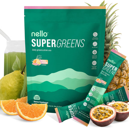 Nello Supergreens Premium Greens Drink Mix with Chlorella, Moringa, Spinach & Probiotics – Orange Travel Pack (20 Servings)