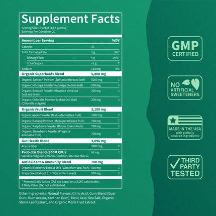 Nello Supergreens Premium Greens Drink Mix with Chlorella, Moringa, Spinach & Probiotics – Orange Travel Pack (20 Servings)