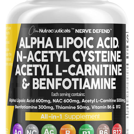 Alpha Lipoic Acid 600mg NAC 600mg Acetyl L-Carnitine 500mg Benfotiamine 300mg – Nerve Support Supplement (Made in USA) 90 Caps