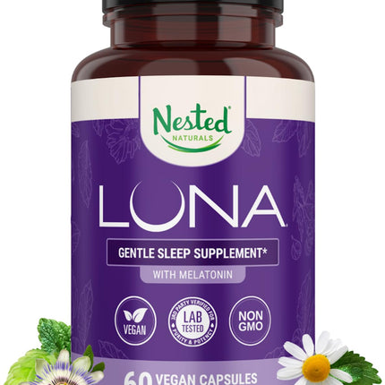 Nested Naturals Luna Sleep Aid - Non-Habit Forming Sleep Support with Valerian, Melatonin, Chamomile & More - 60 Vegan Capsules