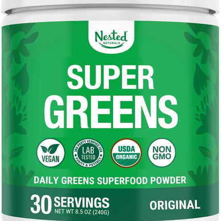 Nested Naturals Super Greens Daily Powder – USDA Organic Greens, Probiotics & Fiber, 30 Servings