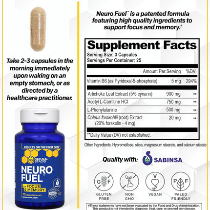 NATURAL STACKS NeuroFuel Nootropic – 750mg L-Carnitine & 500mg L-Phenylalanine – Focus & Memory Support – 75 Pills