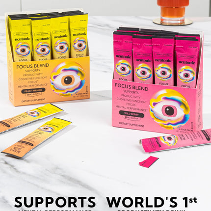 Neutonic Nootropic Focus Blend Powder | Peach Mango & Wild Berry, 32 Sticks | Caffeine Free