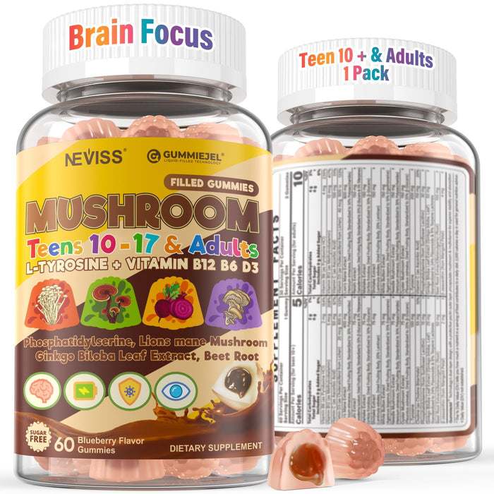 Neviss Teens Brain Gummy: Lion's Mane 7-in-1 Focus, Memory & Energy (Sugar Free)