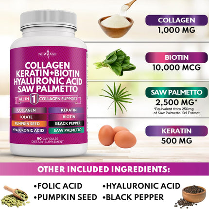 NEW AGE Collagen Pills with Biotin, Keratin & Hyaluronic Acid – 270 Count