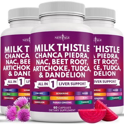 NEW AGE Milk Thistle NAC Chanca Piedra Liver Support – 180 Count, 28-in-1 Formula