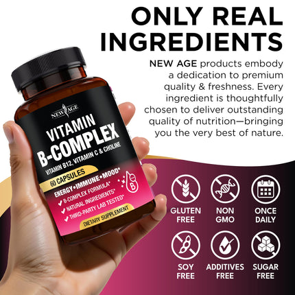 NEW AGE Vitamin B Complex for Men & Women — Made in USA, 180 Vegan Capsules