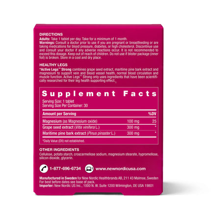 New Nordic Active Legs Strong – Leg Circulation Support, Pine Bark & Grape Seed, Magnesium, 30 Count