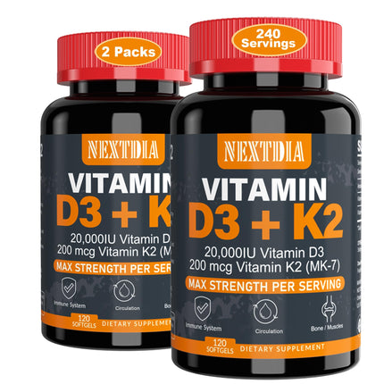 Nextdia Vitamin D3 20,000 IU + K2 MK-7 200 mcg | Strong Bones & Immunity (Pack of 2)