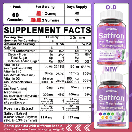 Nextdia Saffron with Magnesium Glycinate Gummies, 2 Months Supply -Sugar Free Magnesium 400/200mg w/Saffron,Rhodiola,Rosemary, B6,B12,D3 for S-leep, Calm,Focus, Relax, Nerve, Melatonin Free Gummies