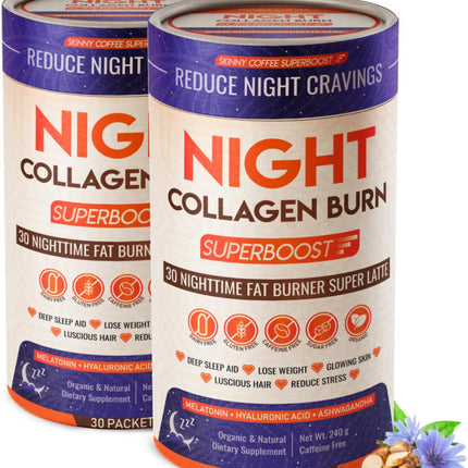 Night Collagen Burn by Skinny Coffee SuperBoost | Sleep Support, Metabolism & Cravings Control | 60 Servings