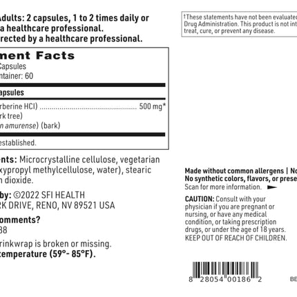 Klaire Labs Berberine HCI 500mg | Gluten-Free, Hypoallergenic | SFI Health