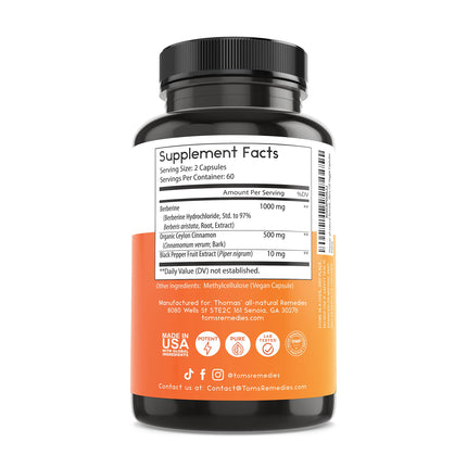 Thomas' All-Natural Berberine 500mg (1000mg per serving) - 120 Vegan Capsules