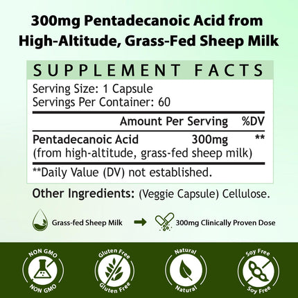 Nokuba Pentadecanoic Acid C15:0 300mg – High-Altitude Sheep Milk Sourced, 120 Capsules | USA Made