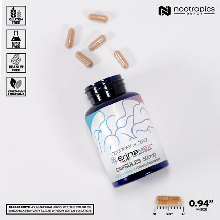 Nootropics Depot Erinamax Lion's Mane 500mg Capsules | Liquid Culture Mycelium | 2.5 mg Erinacine A | Mood, Cognition, & Nerve Support | 120 Count