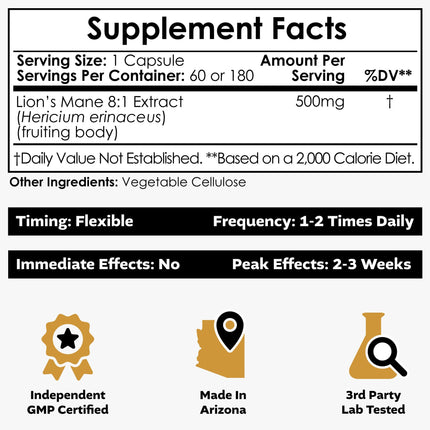 Nootropics Depot Lion's Mane Mushroom Capsules 500mg | 60 Count | 8:1 Dual Extract