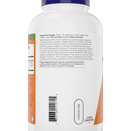 NOW Betaine HCl 648mg 240 Veg Capsules – Digestive Enzymes with Pepsin