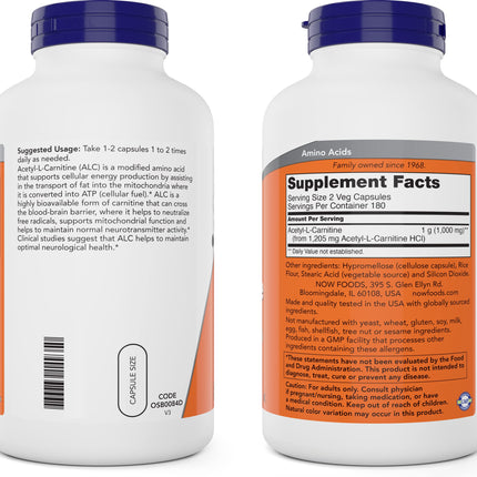 NOW Foods Acetyl L-Carnitine 500mg 2-Pack | 720 Capsules | Non-GMO, Vegan ACL 500 mg