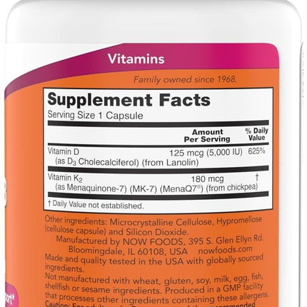 NOW Foods Mega D-3 & MK-7 - 5000 IU / 180 mcg - Bone & Cardiovascular Support – 180 Capsules