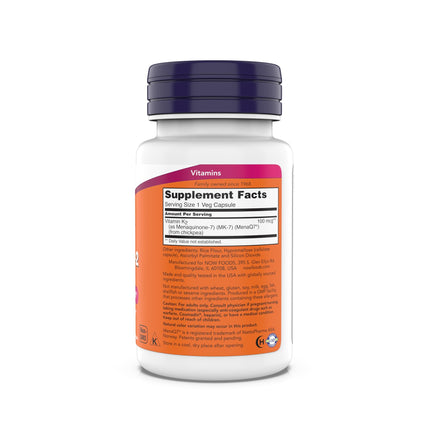 Now Supplements MK-7 Vitamin K-2 100 mcg - Cardiovascular & Bone Health - 180 Veg Capsules