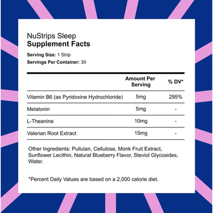 NuStrips Sleep Strips – 5mg Melatonin, Valerian, L-Theanine & B6 (Blueberry) | Vegan, Non-GMO