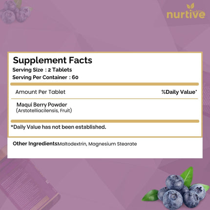 NURTIVE Maqui Berry Tablets - 1000 mg/Serving, 120 Tablets, 10:1 Extract | Vegan & Gluten-Free
