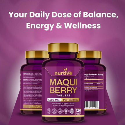 NURTIVE Maqui Berry Tablets - 1000 mg/Serving, 120 Tablets, 10:1 Extract | Vegan & Gluten-Free