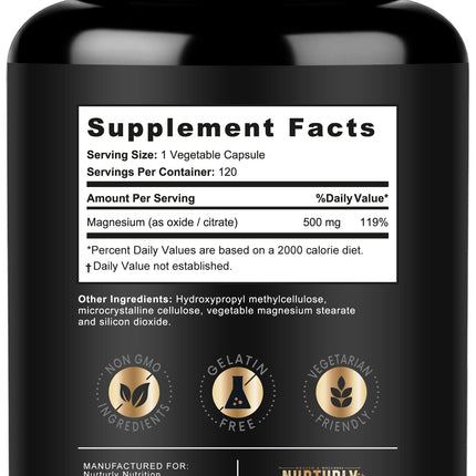 Nurturly Magnesium Citrate & Oxide 500mg Complex – High Absorption, 240 Vegan Capsules