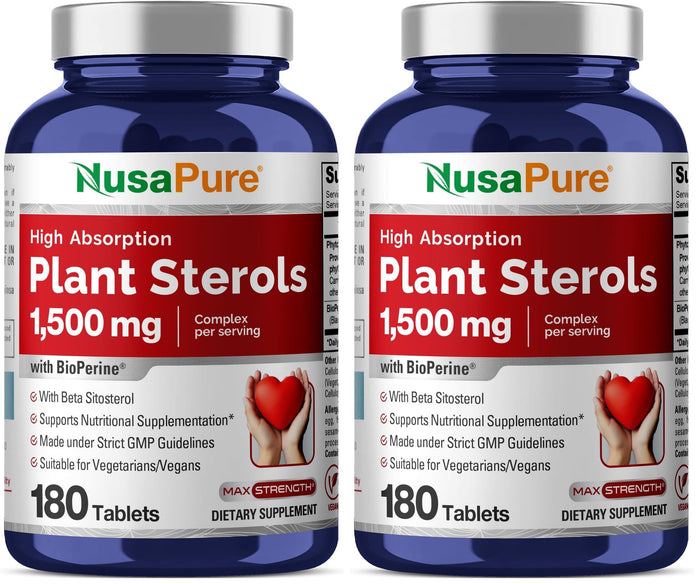 NusaPure Plant Sterols 1500 mg - 180 Vegan Tablets | Non-GMO, Beta Sitosterol + Bioperine (Pack of 2)