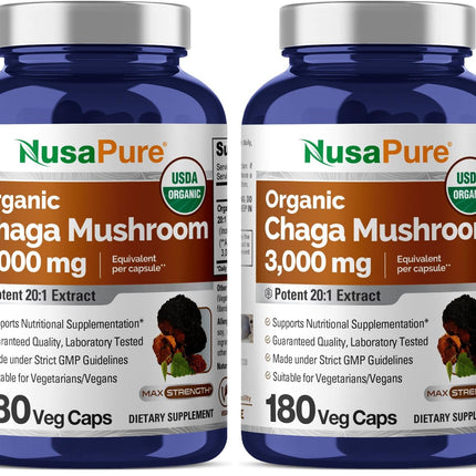 NusaPure Chaga 20:1 Extract – 150 mg (3000 mg) per Capsule, 180 Count, USDA Organic, Vegan, Non-GMO, Pack of 2