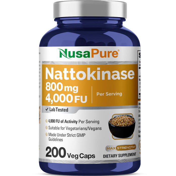 NusaPure Nattokinase 4000 FU - 800 mg, 200 Veggie Caps (Vegan, Non-GMO)