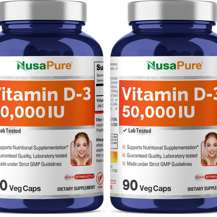 NusaPure Vitamin D3 50,000 IU - 90 Veggie Capsules (Pack of 2) | Non-GMO, Vegan