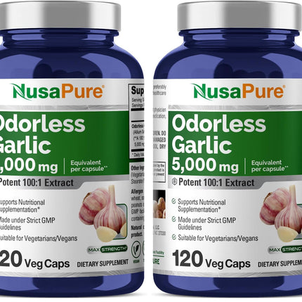 NusaPure Odorless Garlic 100:1 Extract | 50 mg per Capsule (Equivalent to 5,000 mg Garlic) | 120 Veggie Caps | Non-GMO | Pack of 2