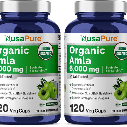 NusaPure Organic Amla Capsules 10:1 Extract – 6000mg Amla per Serving | 120 Veggie Capsules | Pack of 2 | USDA, Vegan, Non-GMO