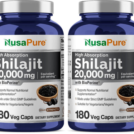 NusaPure Shilajit 20,000mg per Serving – 180 Veggie Caps – Pack of 2 | Non-GMO, Gluten Free, Bioperine