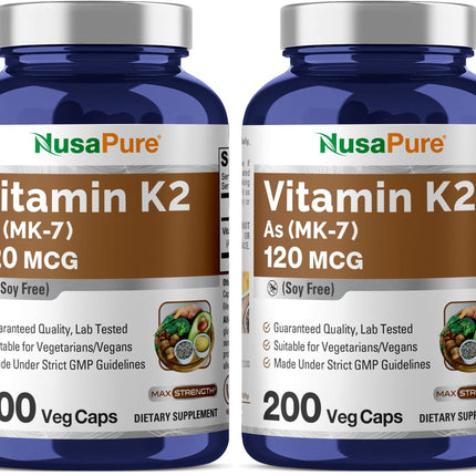 NusaPure Vitamin K2 MK-7 120 mcg – 200 Veggie Caps (Soy Free, Non-GMO, Vegan) Pack of 2