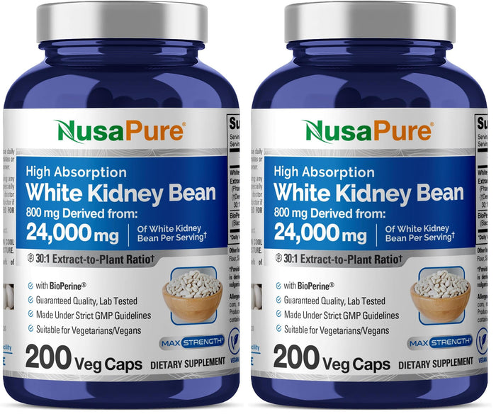 NusaPure White Kidney Beans 30:1 Extract – 24,000 mg Equivalent, 200 Vegan Capsules (Pack of 2)
