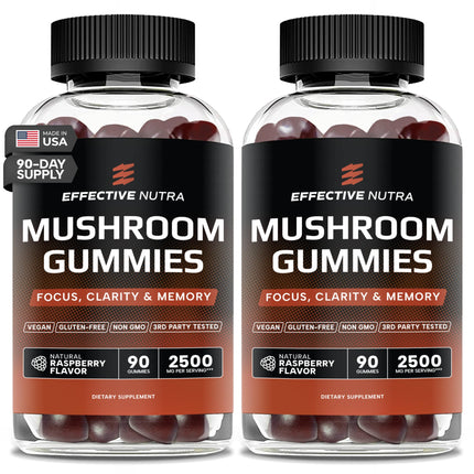 Effective Nutra Mushroom Gummies 2500mg - 10-in-1 Lion’s Mane, Reishi, Chaga, Cordyceps & More - Focus, Clarity, Memory - Raspberry Flavor, Vegan, Made in USA (2-Pack)