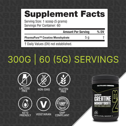 NutraBio Pure Micronized Creatine Monohydrate Powder – Unflavored (300 g) | Supports Muscle, Energy, Recovery & Strength