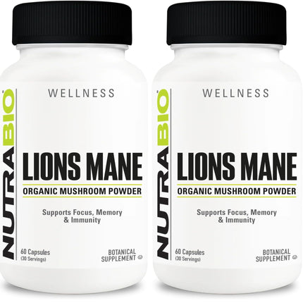 NutraBio Lions Mane Supplement Capsules- Organic Lion's Mane Mushroom Powder (500mg)- Focus, Memory, Immunity - 60 Vegetable Capsules (Pack of 2)