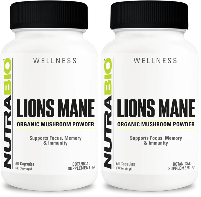 NutraBio Lions Mane Supplement Capsules- Organic Lion's Mane Mushroom Powder (500mg)- Focus, Memory, Immunity - 60 Vegetable Capsules (Pack of 2)
