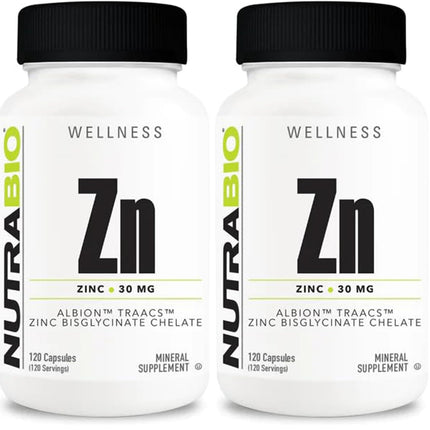 NutraBio Zinc Chelate Mineral Supplement – 30 mg Zinc per Capsule, Albion Zinc Bisglycinate, 120 Veg Capsules (Pack of 2)