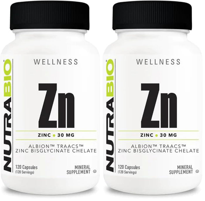 NutraBio Zinc Chelate Mineral Supplement – 30 mg Zinc per Capsule, Albion Zinc Bisglycinate, 120 Veg Capsules (Pack of 2)