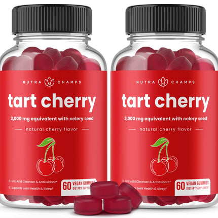 NutraChamps Tart Cherry Gummies - 3000mg Tart Cherry Extract + Celery Seed (60 Vegan Gummies) - Uric Acid Cleanse, Joint & Sleep Support