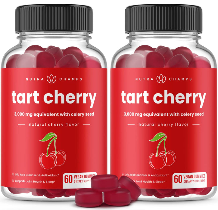 NutraChamps Tart Cherry Gummies - 3000mg Tart Cherry Extract + Celery Seed (60 Vegan Gummies) - Uric Acid Cleanse, Joint & Sleep Support