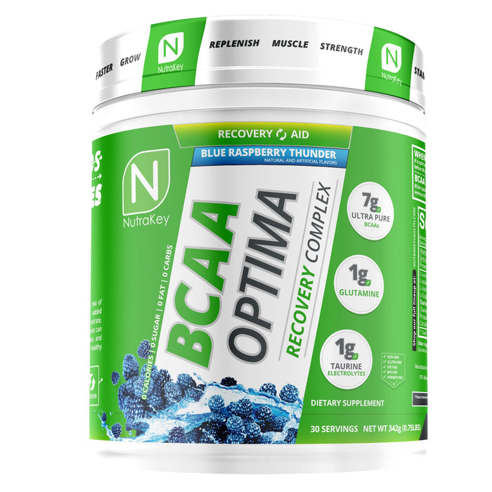 NutraKey BCAA Optima Post Workout Recovery Complex, No Sugar, No Carb, Recovery Aid, Blue Raspberry